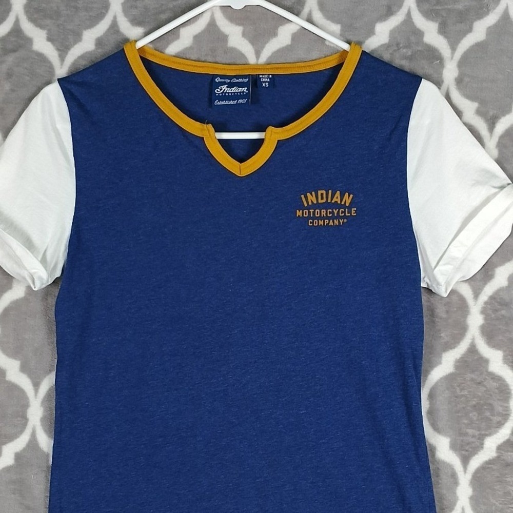Indian Motorcycle T-Shirt Women XS Blue Yellow Contrast Notch Neck Spellout Tee